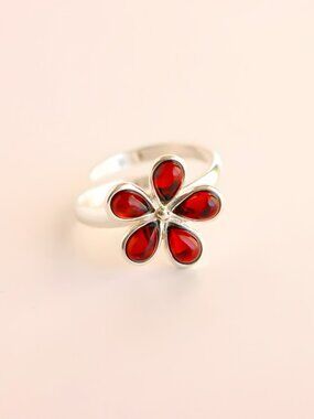 Baltic Cherry Amber Sunflower Ring – Adjustable 925 Sterling Silver